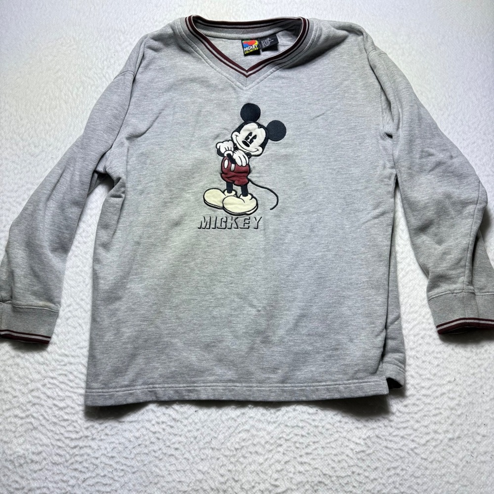 Mickey Unlimited Sweatshirt mens medium gray V Neck Pullover Embroidered Disney‎